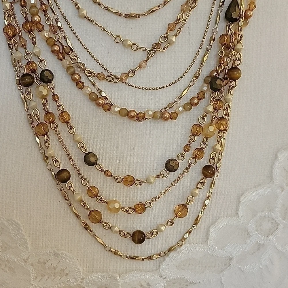 NANCY & RISE 1980s Ambertone Beaded Chain Layered Western Festival Necklace